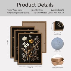 3Pcs Vintage Black Flower Wall Art – Moody Botanical Canvas Prints 12x16in