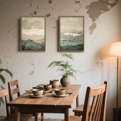 Framed 2Pcs Green Abstract Wall Art with Wood Frame Rustic Landscape Canvas P…