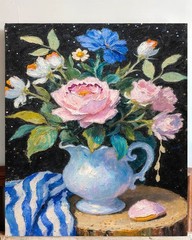 🌌 Dramatic Floral Still Life: Moody Impressionist Oil Painting Canvas moody