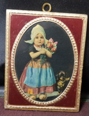 Dutch Girl w/ Flowers & Dog – Miniature Art Print-Framed On Wood-Brass Hanger