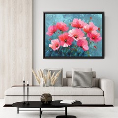 Bold Pink Floral Painting on Dark Teal Canvas, Dramatic Wildflower Botanical Art