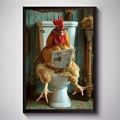 Funny Chicken Bathroom Wall Art Humorous Farm Animal Print Chicken on Toilet Pos