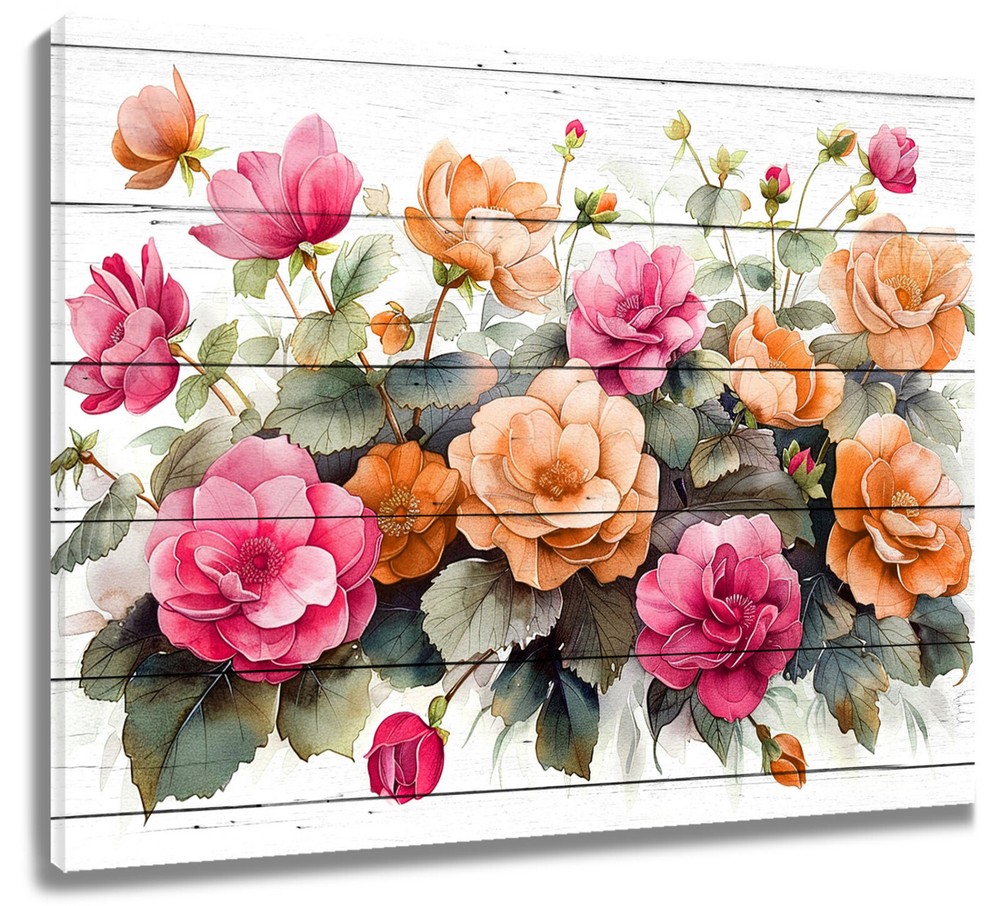Plant Green Leaf Pink and Orange Floral Canvas Wall Art for Bathroom Living Room
