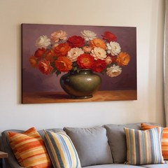 Colorful Vintage Floral Canvas Wall Art Vase with Red Orange White Flowers Print