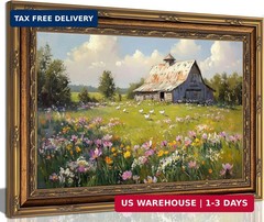 Vintage Gold Framed Landscape Rustic Wall Art Farmhouse Cottage Rural View Pictu