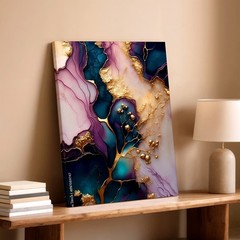 Wall Art Abstract Alcohol Ink Gold Foil Purple Teal Marble Canvas Print Decor