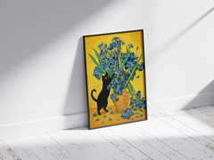 Black Cat Iris Poster, Blue Floral Oil Painting Wall Art Home Decor Gifts Prints