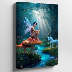 In A Magical Forest, A Whimsical Fairy With Translucent Wings Perches Wall Art