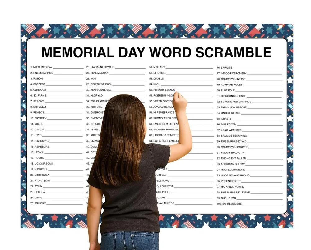 Memorial Day Word Scramble Poster, Giant Word Puzzle, Fun Gathering Activity