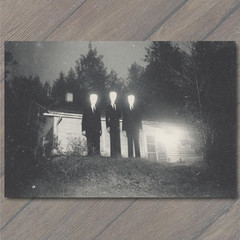 Art Print Faceless Figures Suits Creepy Shack Forest Paranormal Glowing Heads