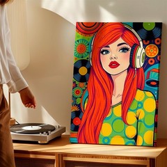 Wall Art Retro Pop Redhead Woman Art Headphones Vinyl Records Colorful Decor