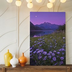 Purple Wildflowers Lake Mountain Moon Canvas Wall Art Nature Landscape Home