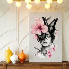 Wall Art Woman Face Portrait with Pink Flowers Black Butterflies Floral Print