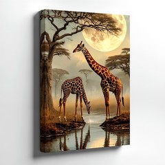 Wall Art Giraffe Pair Moonlit Safari Landscape Canvas Print Wildlife Home Decor