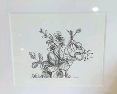 Black and White Floral Bouquet line Drawing Gold Metallic Frame, 14.25 X 11.25