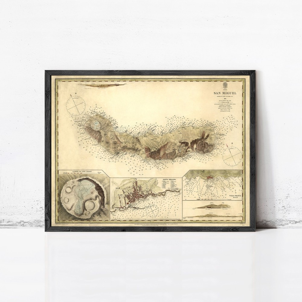 Old Map of San Miguel Açores Azores Islands 1870 Print Framed