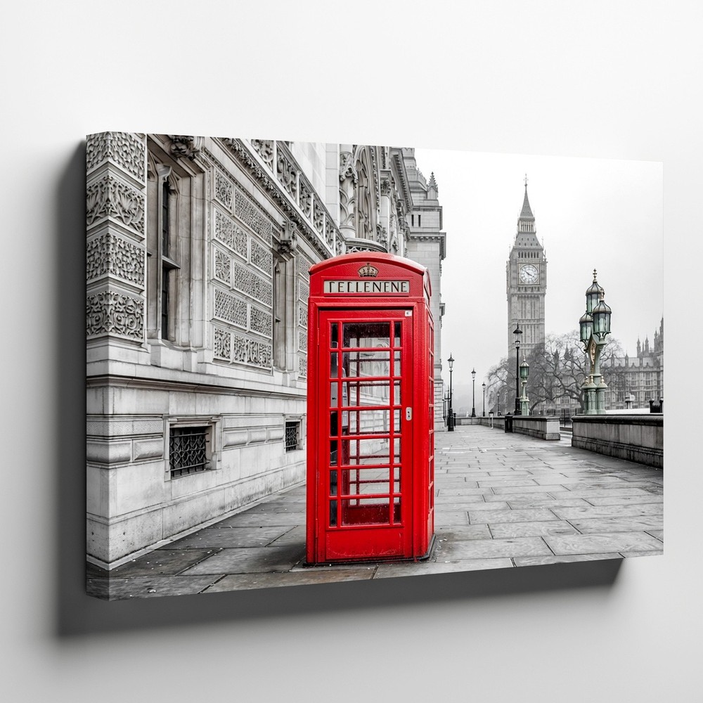 Red London Telephone Booth Canvas Wall Art with Big Ben Black and White Print