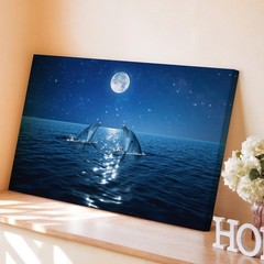 Serene Night Scene Featuring Two Dolphins Gracefully Emerging From The Wall Art