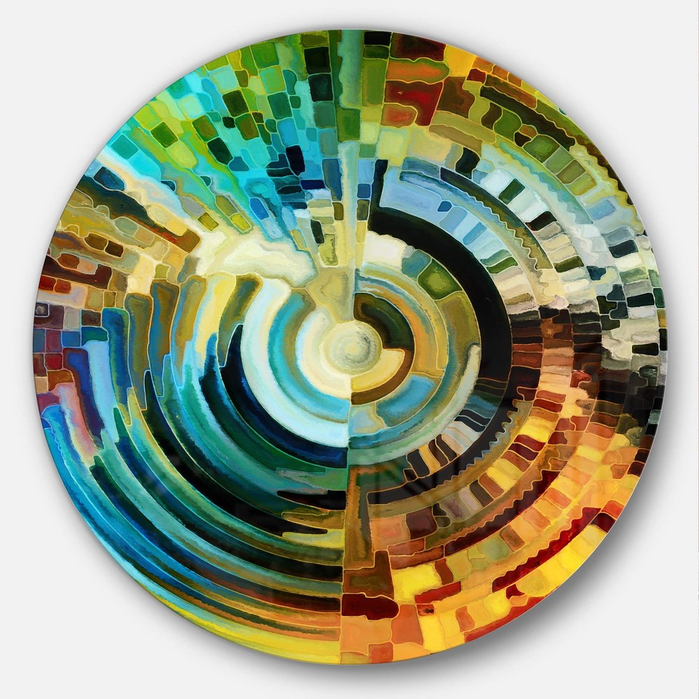 Abstract Round Metal Wall Art – Modern Blue & Yellow Geometric Paths Design – Gl