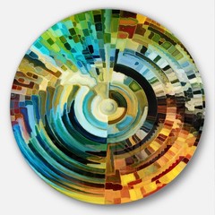 Abstract Round Metal Wall Art – Modern Blue & Yellow Geometric Paths Design – Gl