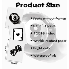 Playing Cards Dice 8 Wall Art Set of 3, Trendy Preppy Y2k 8 Game Room Posters…