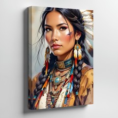 Native American Woman Portrait Canvas Art Feather Tribal Jewelry Wall Home Decor