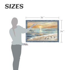 Framed Sunset Beach Wall Art: Modern Coastal Sea Birds Wooden Painting Rustic…