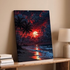 Red Moon Beach Night Canvas Art Tropical Palm Trees Ocean Waves Wall Decor Print