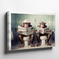 Funny Monkeys Sitting on Toilet Reading Newspaper Bathroom Canvas Wall Art Print