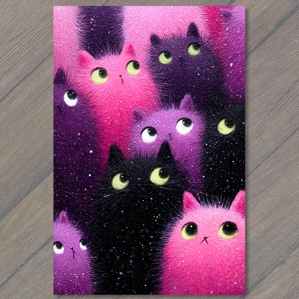 Art Print Pink Purple Black Cats Yellow Eyes Fluffy Cosmic Whimsy