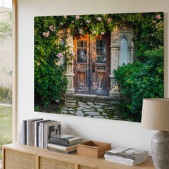 Beautifully Weathered Wooden Door Framed By Intricate Stone Archways Wall Art