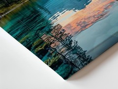 Mountain Landscape Reflected In Clear Lake With Tall Pine Trees Canvas Wall Art