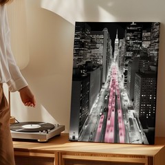 Black And White Cityscape Canvas Wall Art With Pink Light Trails Urban Print