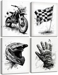 Framed Motocross Wall Art, 4 Set 8X10 Inch Black and White Motorsport Dirt Bike