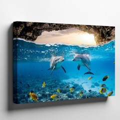 Vibrant Underwater Scene Featuring Two Playful Dolphins Wall Art Canvas Print