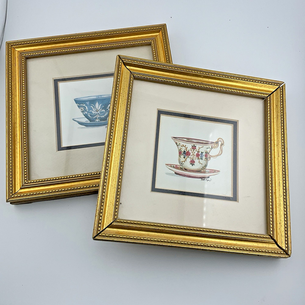 Vintage Set of 2 Gold Plastic Frames English Tea Cups Prints Dillards 6×6″