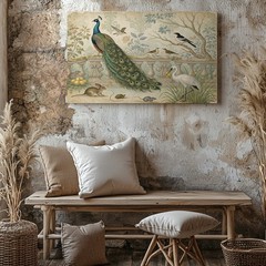 Vintage canvas wall art featuring peacock wildlife birds rabbit and crane scene