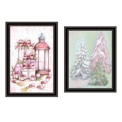 Trendy Decor 4U 2- Piece Vignette Pink Candy Land Christmas Trees Black Framed