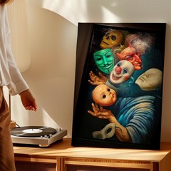 Canvas Surreal Mask Painting Clown Devil Skull Figure Framed Living Room Print