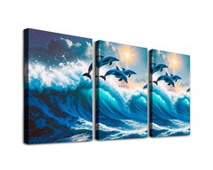Blue Wave Wall Art, 3-Panel Canvas, Ocean Decor, Large Modern Dolphin Wall Art