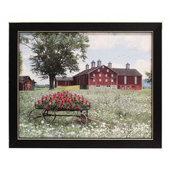 NEW Primitive PRINT Old Milton Farm Picture FRAMED 9″Hx11″W Farmhouse Wagon Red