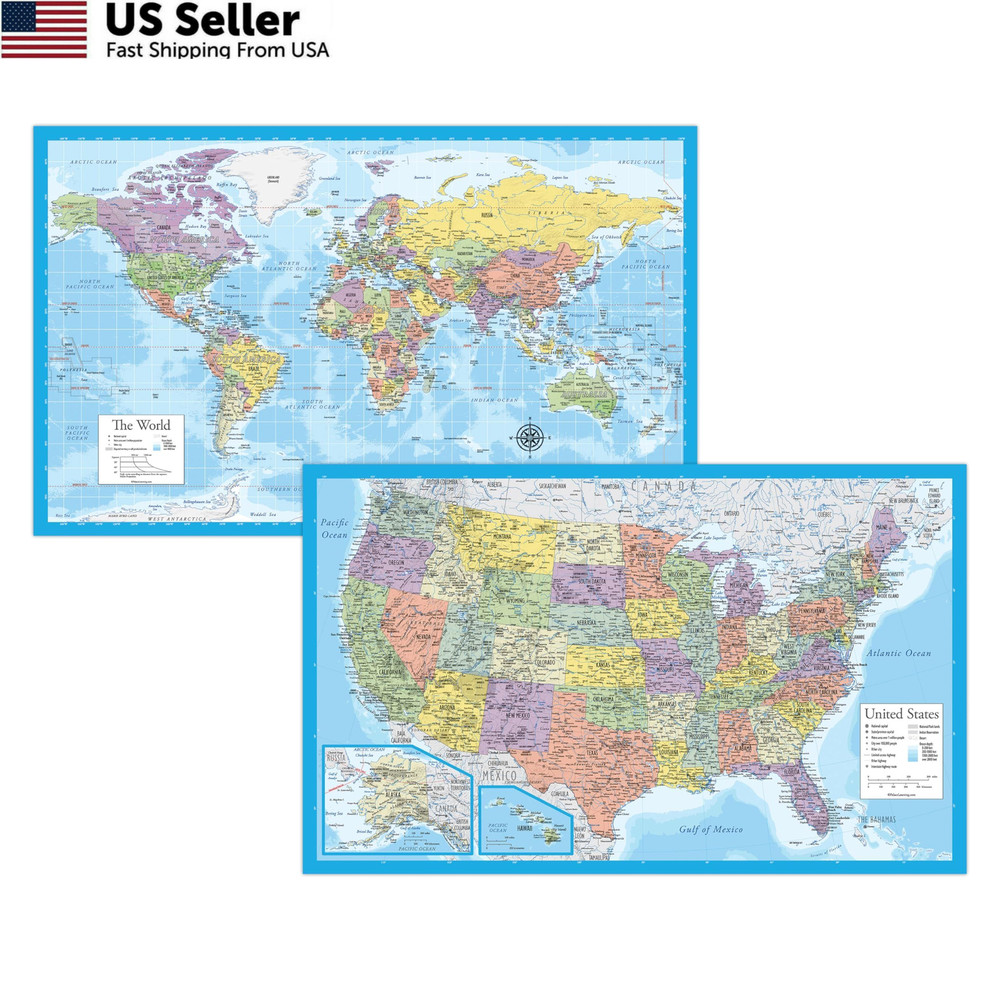 2 Pack – Laminated World Map & US Poster Set – Wall 18″ x 29″, Light Blue