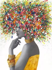 Abstract Flower Colors Art Black Women Portrait Canvas Painting Wall Art Picture