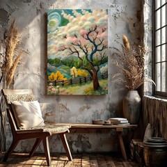 Wall Art Quirky Blossom Tree Landscape Pastel Cloud Sky Floral Gallery Print