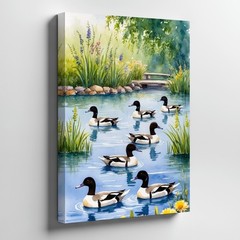 Duck Pond Canvas Wall Art With Colorful Flowers Nature Scene Print Home Decor