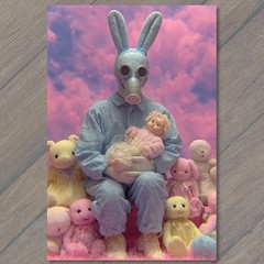 Art Print Bunny Gas Mask Holding Baby Doll Pastel Plush Toys Pink Clouds