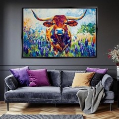Texas Longhorn Wall Art Extra Large Canvas Print Bluebonnets Living Room Decor