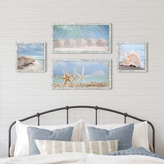 Starfish Prints Wooden Wall Art: Ocean Art Set of 4 Seashell Pictures Collection