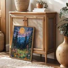 Framed Vintage Forest Moon Wall Art Set of 2, Midnight Mountain Forest Wildfl…