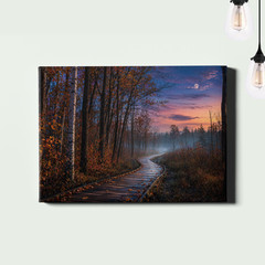 Autumn boardwalk forest path at twilight with moon Poster Print